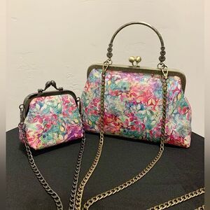 Handmade Genuine Leather Floral Print Kisslock Top Handle bag & Small Purse Set